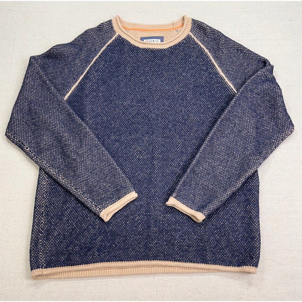 32 Bar Blues Mens Large Navy Tan Textured Knit Cotton Raglan Crewneck Sweater